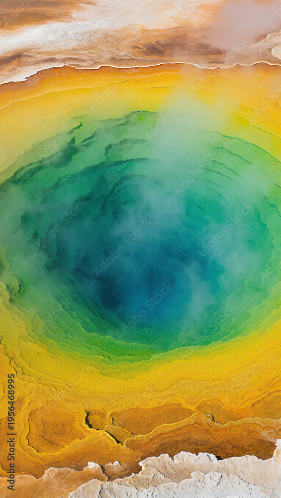 Obraz premium Stunning aerial view of a vibrant geothermal pool with colorful rings circling a deep center. Wisps of steam rise from the hot, mineral waters, creating a otherworldly wonder in a volcanic landscape