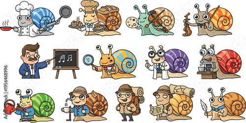 Cute Snail Characters Professions and Activities Set Featuring Chef Musician Scientist Teacher Explorer Baker Artist and Worker Cartoon Vector Illustration Collection for Kids Design