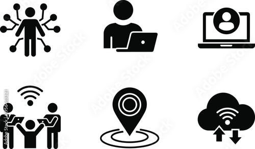 technology, network, communication, cloud, laptop, user, connection, data, wifi, location, teamwork, sharing, internet, digital, icon, vector, business, system, online, modern