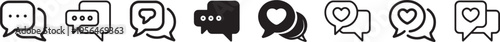  Social support and emotional communication icons set. Chat bubbles with heart outline symbols. Vector illustration