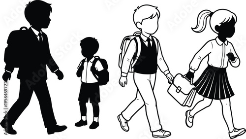School children walking with backpacks silhouettes and outline characters set, students going to school, boy and girl pupils education concept illustration