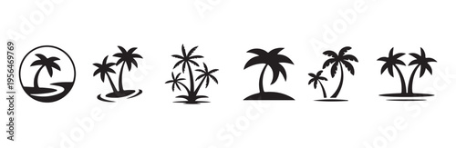 Various palm tree shapes on island silhouettes for summer beach vacation and resort labels