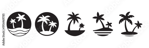Tropical island palm tree circle icons for travel agency emblems and summer resort symbols