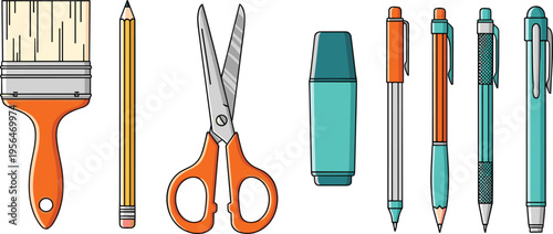 Stationery tools set with paint brush pencil scissors eraser and pens office school supplies vector illustration collection isolated