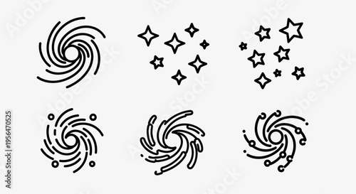 Abstract illustration of swirling vortex elements and celestial star icons