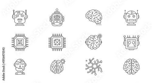 Artificial intelligence icons set featuring robots and human brains