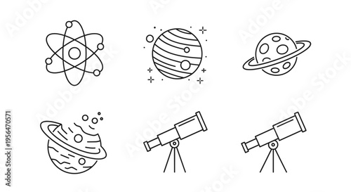 Astronomy and space exploration icons set in minimal black and white style