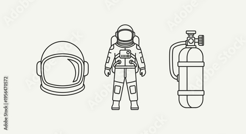 Astronaut and equipment illustration space helmet suit and oxygen tank
