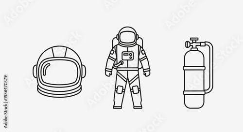 Astronaut equipment illustration with helmet suit and oxygen tank in outline style