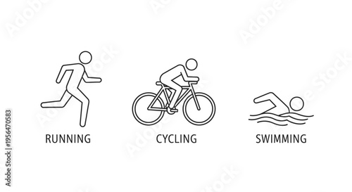 Athlete icons representing running cycling and swimming for sports and fitness