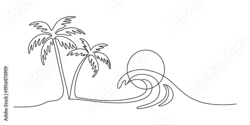 Continuous line drawing of a tropical beach landscape featuring palm trees waves and a sun Vector, illustration