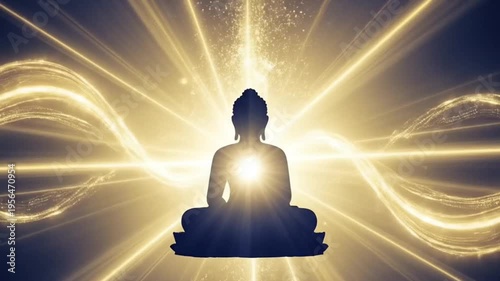 Silhouette of Buddha sitting in meditation with powerful golden light rays. Concept of enlightenment, energy, and spiritual awakening. High quality commercial banner for Buddha
