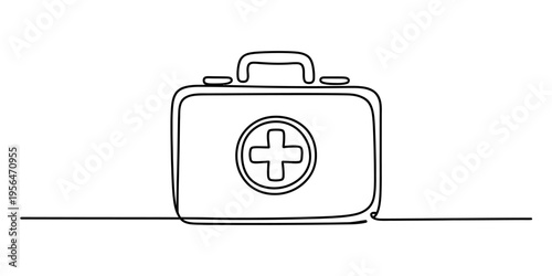 Single continuous line drawing of a medical first aid kit with a cross symbol on white background. Vector, illustration