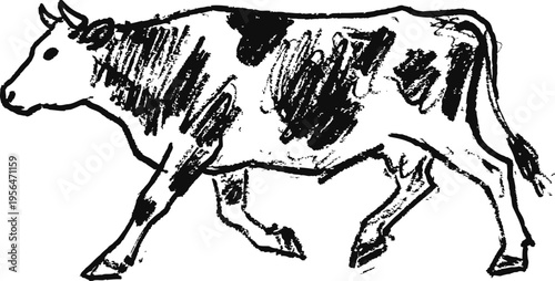 black and white sketch of a walking cow with shaded patches and detailed anatomy