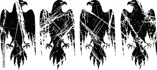 Distressed black eagle silhouettes in four variations vintage grunge emblem with scratches and worn textures