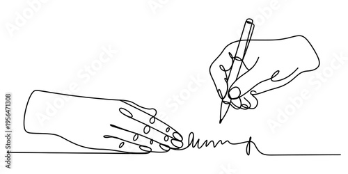 Continuous line drawing of hands signing a document with a pen on a white background. Vector, illustration