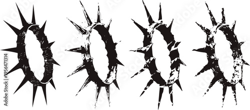 Set of four black abstract grunge circle splatters with radial spikes, ink blot shapes for design elements