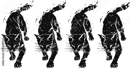 four black cats walking in a row silhouetted feline figures with sleek shapes and curled tails in a repeated pattern