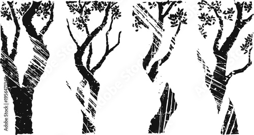 Abstract black tree silhouettes with textured bark patterns and sparse leaves isolated on white background