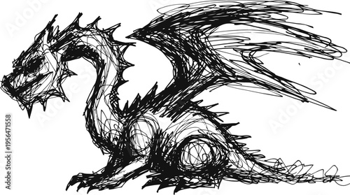 abstract sketch of a mythical dragon with wings and spiked body in black ink drawing