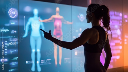 Wallpaper Mural A woman participates in an interactive session with a holographic display of human anatomy and health data Torontodigital.ca