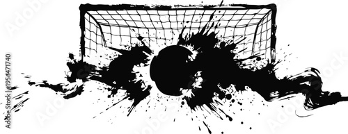 Soccer ball hitting the goal net with dynamic black ink splash effect and grunge drawing