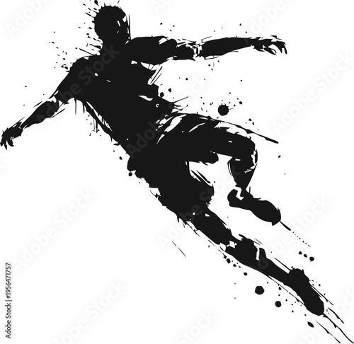 Dynamic soccer player silhouette kicking the ball with splash ink effect design