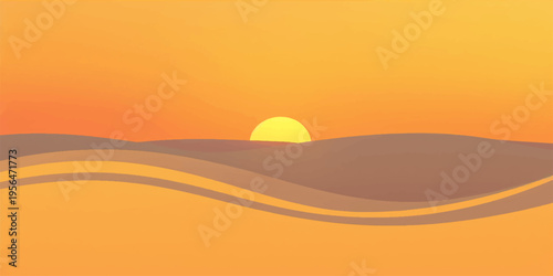 Golden sunset over sand dunes in a vast desert landscape