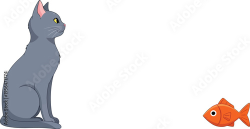 Grey cat and colorful fish in a staring contest