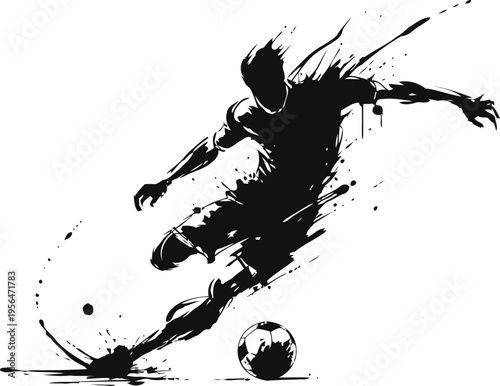 Dynamic soccer player silhouette kicking ball with motion effect in black and white