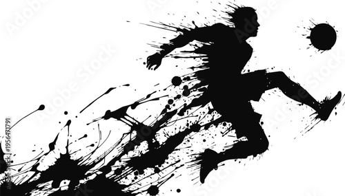 Dynamic silhouette of soccer player kicking ball with splash ink effect, sports action illustration