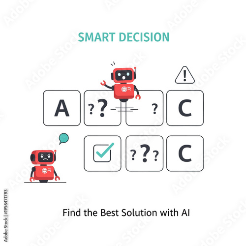 AI Decision Making Puzzle Illustration Find Optimal Solution with Smart Robots and Logic Test for Problem Solving