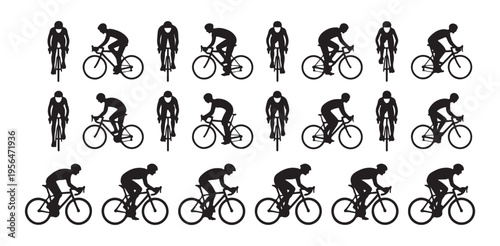 Professional road cyclist silhouettes collection featuring front and side view race poses