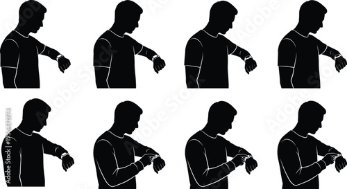 Man checking smartwatch silhouettes sequence set, male character looking at wrist watch time, wearable technology usage poses isolated illustration