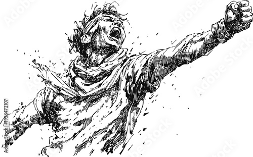 Person shouting and raising fist in expressive, dynamic ink sketch illustration