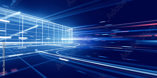 Abstract blue city highway at night with motion blur, traffic lights, urban road and fast travel perspective