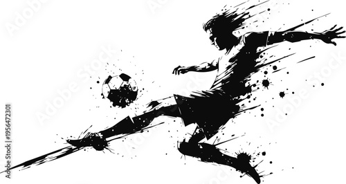 Dynamic soccer player kicking ball silhouette with grunge brushstroke effect in black
