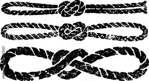 three vintage rope knots in black and white grunge textured nautical rope illustrations for design