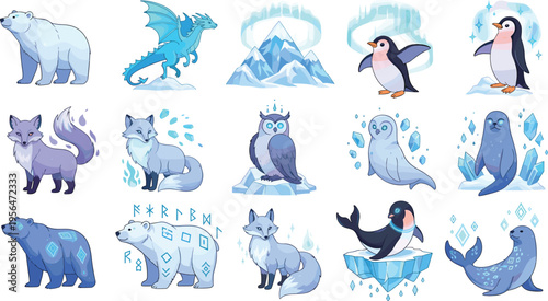 Cute Arctic Fantasy Animals Collection Featuring Polar Bear Fox Penguin Seal Owl Dragon and Ice Elements with Magical Winter Theme Cartoon Vector Illustration Set