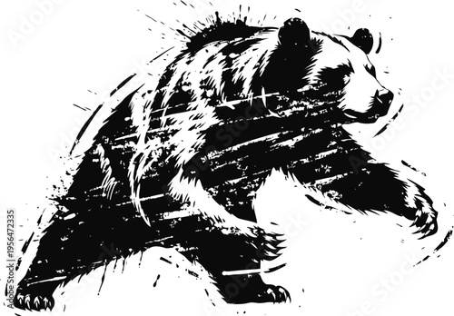 grizzly bear silhouette in grunge powerful wild animal sketch with abstract splashes, dynamic pose