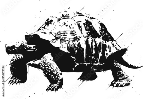giant tortoise in black ink slow walking reptile with textured shell and scaly legs nature and wildlife illustration