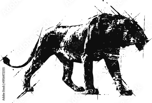 Black panther silhouette with ink splash effect powerful wild cat prowling, abstract animal art design