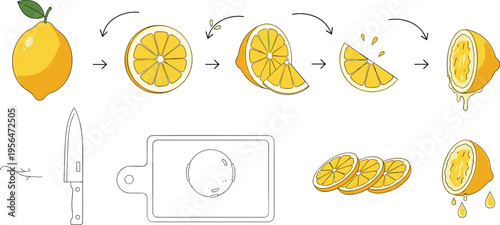 Lemon cutting and juicing process with slices knife and extraction steps citrus preparation vector illustration set