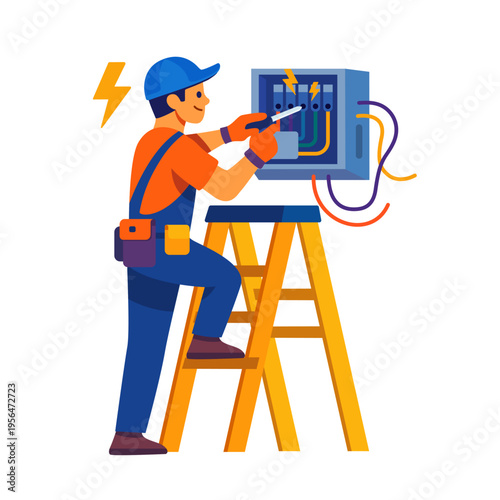 Vector illustration of a professional electrician standing on a ladder repairing an electrical panel with a screwdriver. Technician fixing a fuse box and wires.
