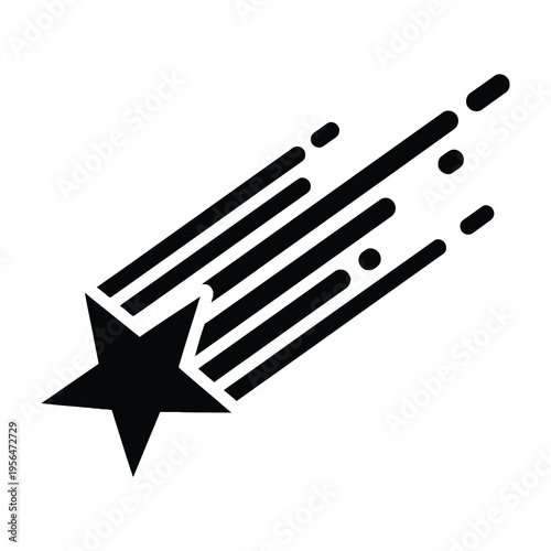 Black star icon with motion lines and trail on white background symbolizing speed movement and celestial body