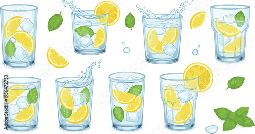 Lemon water drinks collection with ice cubes mint leaves and refreshing citrus beverage glasses vector illustration set