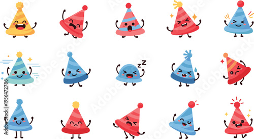Cute party hat characters collection with funny expressions festive cartoon celebration mascots vector illustration set
