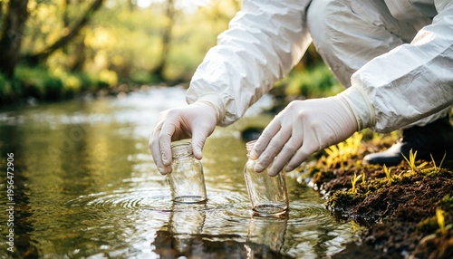 Close-up of a field researcher collecting water samples from a creek, emphasizing environmental testing, freshwater quality assessment, and pollution study.