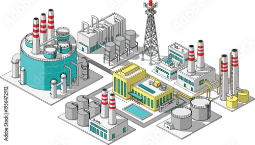 Isometric Oil Refinery and Industrial Plant Vector Illustration with Storage Tanks, Pipelines, Smokestacks, Communication Tower and Energy Production Facility Complex