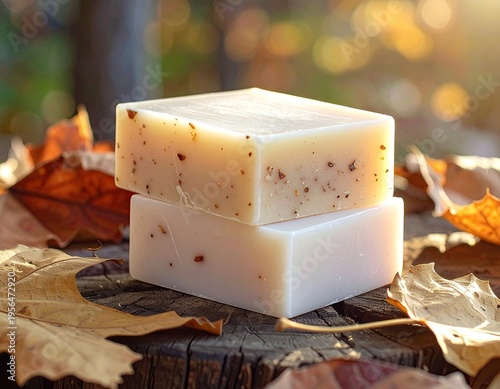 Two bars of soap rest on a wooden surface amid fallen leaves